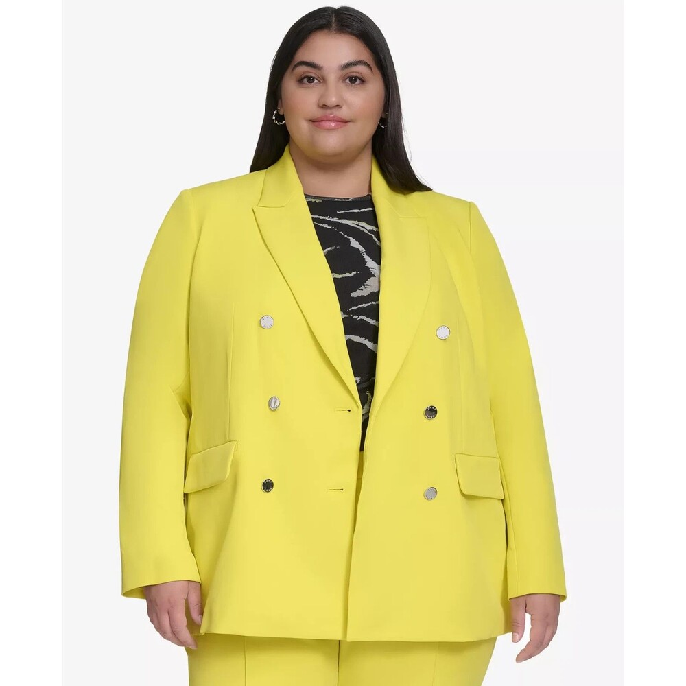 DKNY Women's Plus Size Notched Collar Double Breasted Blazer Bright Yellow 20W
